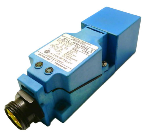 Allen-Bradley 871L-XPB15Q40, industrial proximity sensor with a blue casing and gold connector, used for detecting objects without physical contact in automation systems.
