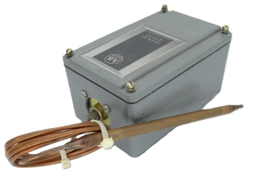 Allen-Bradley 837-A3J, industrial control instrument, rugged temperature sensor with wiring and protective housing.
