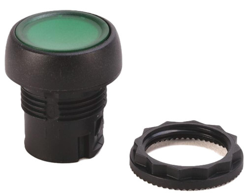 Allen-Bradley 800F-Q10, industrial push button with green indicator light and mounting ring.