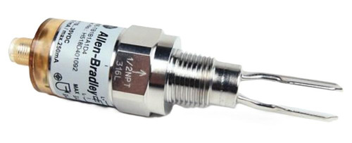 Allen-Bradley 840E-TB1B2A1-D4, industrial sensor with metal body and two prong metal probes for detecting physical properties.