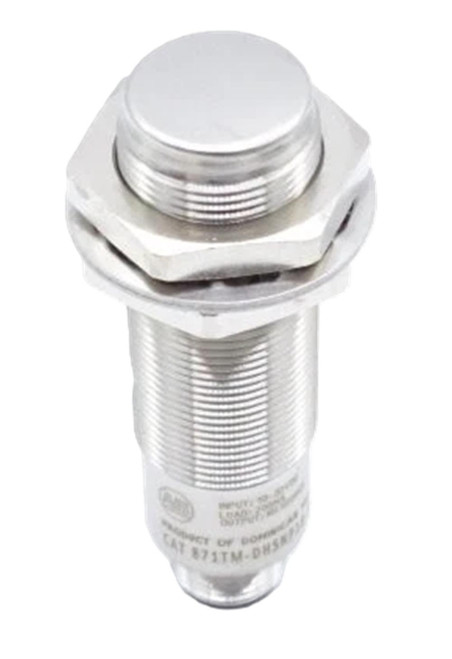 Allen-Bradley 871TM-DH5NP18-A4, industrial sensor with metallic body and threaded connector for machinery and automation systems.