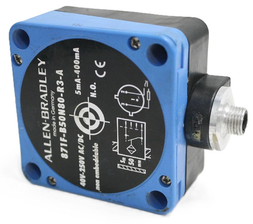 Allen-Bradley 871F-B50N80-R3-A, industrial automation sensor with blue and black housing and electrical connection port