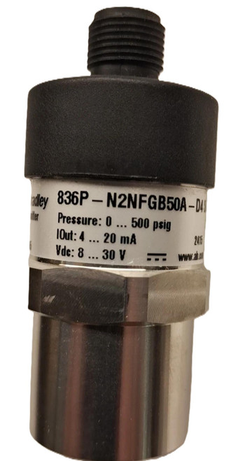 Allen-Bradley 836P-N2NFGB20A-D4, industrial pressure sensor with black plastic top, metal cylinder body, and white identification label detailing specifications.