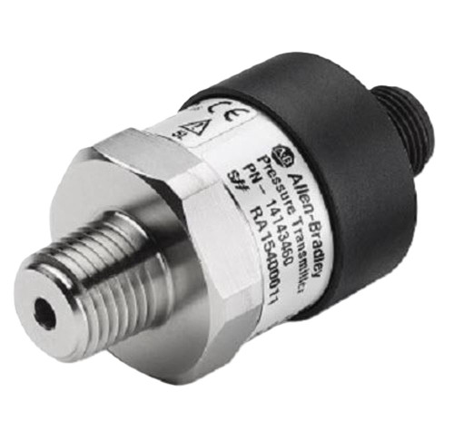 Allen-Bradley 836P-N2NMGB10A-D4, industrial pressure sensor, with threaded metal connector and black plastic housing, used in automation and control systems.