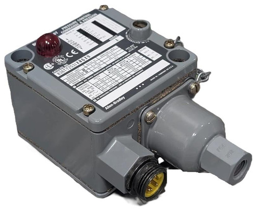 Allen-Bradley 836T-T253JX86X9, industrial safety device with grey protective casing, warning light, and electrical connection ports for automation safety systems.