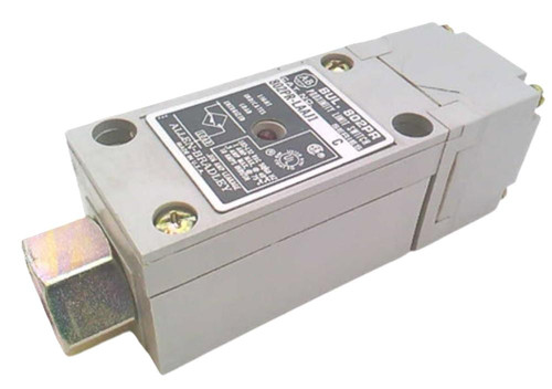 Allen-Bradley 802PR-LAAJ1, industrial safety relay with compact design, white body, and black label showing technical specifications.