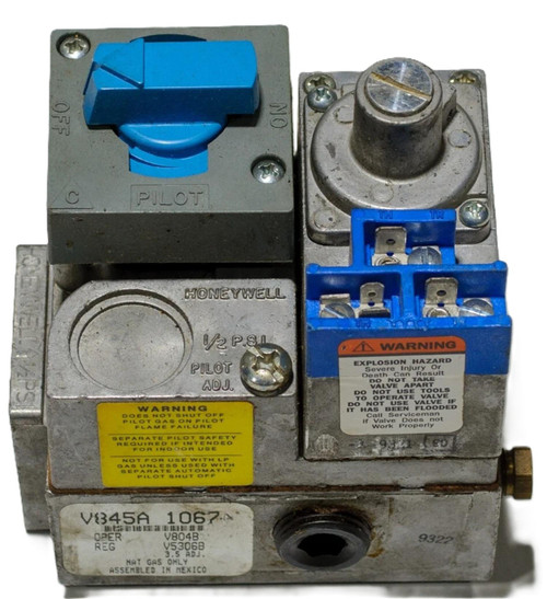 Honeywell V845A1067, industrial gas control valve with blue control knobs and warning labels.