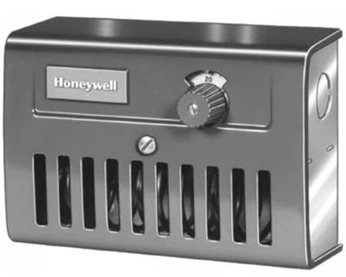 Honeywell T631C1038, industrial electronic control thermostat with temperature adjustment knob and metal casing.