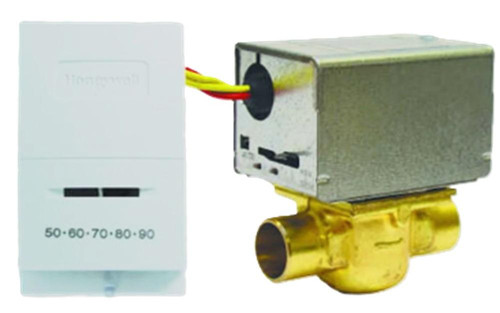 Honeywell Y496A1082, electronic component with a white control unit and a metallic valve part, used for controlling HVAC systems.