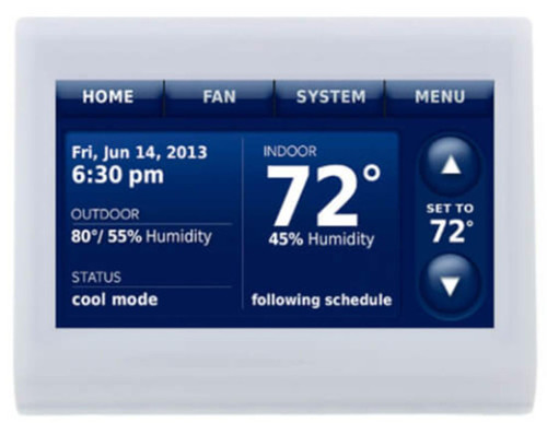 Honeywell THX9421R5021WW, digital thermostat with a blue screen displaying current indoor and outdoor temperature, humidity levels, and control buttons for adjusting temperature settings.