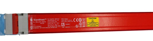 Allen-Bradley 450L-E4FL1800, industrial safety light curtain device with red protective housing and warning labels for laser radiation safety.