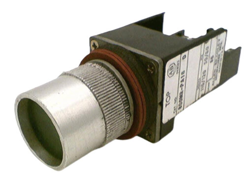 Allen-Bradley 800MR-PA16G, industrial automation control component with metal cylindrical sensor and black rectangular electronic module.