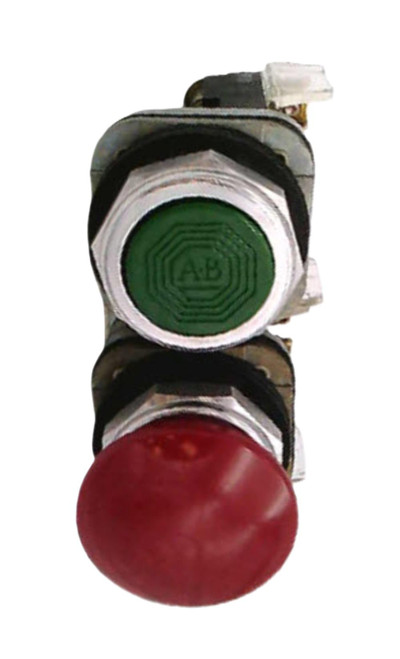 Allen-Bradley 800T-FC16F, industrial emergency stop button with green and red push buttons.