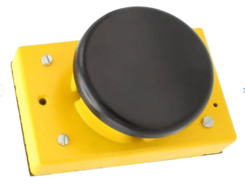 Allen-Bradley 800P-F2BBV industrial control push button, yellow rectangular base with large black round button.