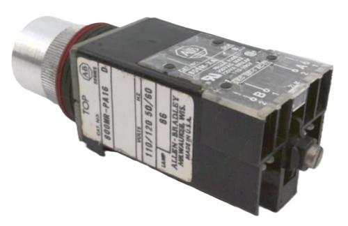 Allen-Bradley 800MR-PA16RA, industrial sensor with electrical connector and label for industrial automation applications.
