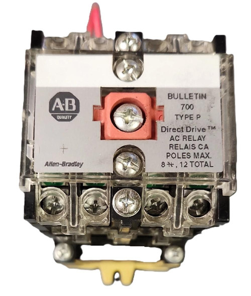 Allen-Bradley 700-N24B, industrial AC relay with transparent casing and multiple terminal connections.