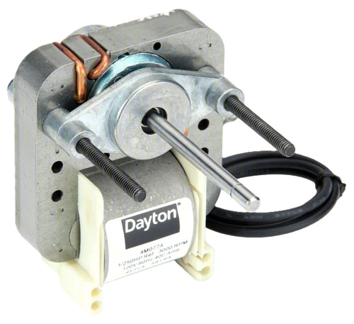 Dayton 4M077D, industrial fan motor with metal housing, shaft and wiring for mechanical applications.