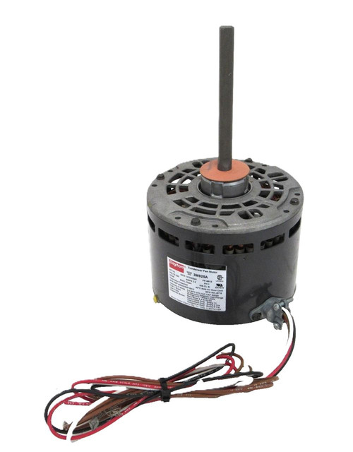 Dayton 3M925A, product image of a condenser fan motor with a cylindrical black body, metal mounting plate, and electrical wiring.