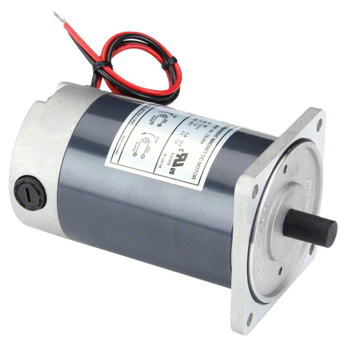 Dayton 23L387, electrical motor with black and red wires, cylindrical metal body, shaft on one end, used for industrial applications.