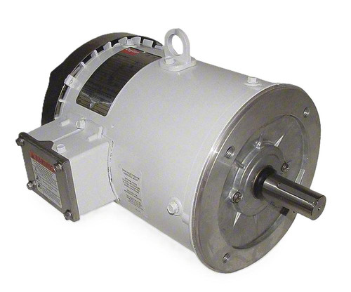 Dayton 2DAM4A, industrial electric motor with a white cylindrical body, metal mounting flange, and a central shaft for mechanical power transmission.