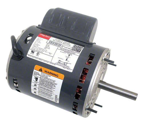 Dayton 4HZ70BG, direct drive blower motor for HVAC, industrial, and commercial use with a gray metallic body, black capacitor cover, and visible copper winding and shaft.