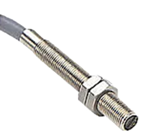 Automation Direct, close-up of a metallic industrial sensor or component with threaded body and connector.