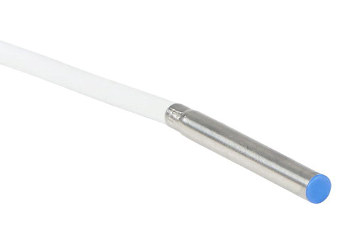 Product Automation Direct, photo of a proximity sensor with a cylindrical metal body and blue tip.