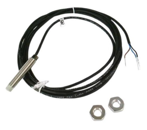 Automation Direct sensor, digital proximity sensor with metal threaded cylindrical body and attached cable with wires for industrial automation.