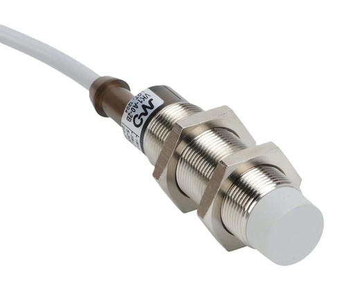 Automation Direct sensor, industrial sensor with metallic threaded body and white cable for industrial automation applications.