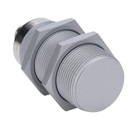 Automation Direct, industrial push button switch with metallic finish and threaded body for control panel applications.
