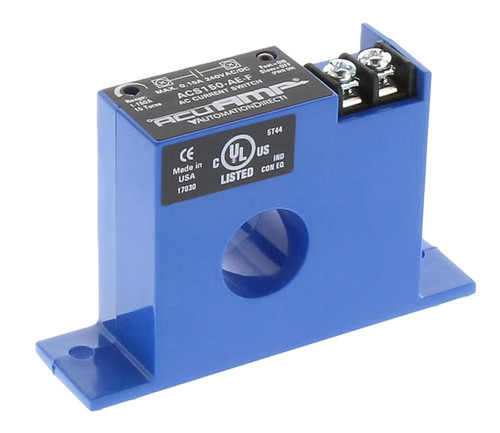 Automation Direct, blue AC current switch with mounting bracket and terminal connectors for industrial electrical applications.