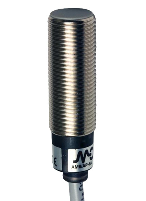 Automation Direct, industrial proximity sensor with cylindrical metal body and connector at the end.