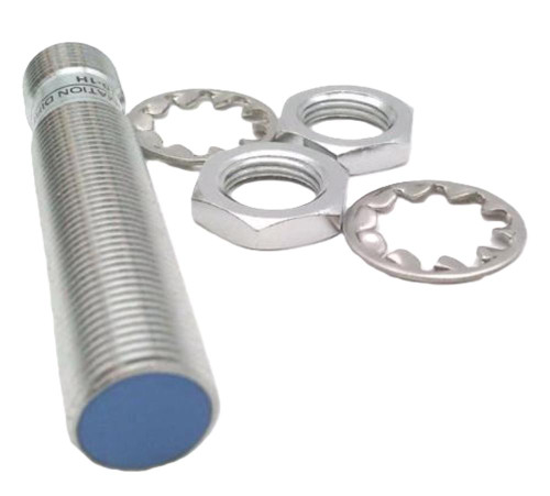Automation Direct, metal nuts, washers, and threaded bolt with blue cap for industrial automation equipment.