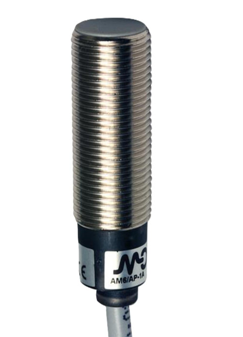 Automation Direct, proximity sensor with a cylindrical metallic body and a black base for industrial automation.