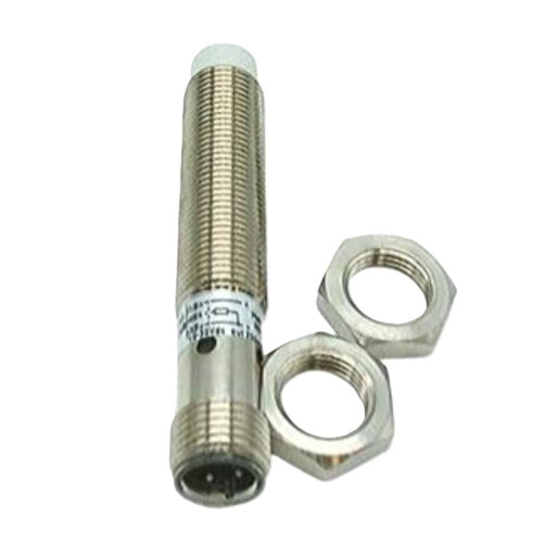 Automation Direct, stainless steel cylindrical industrial sensor with two hex nuts for mounting.