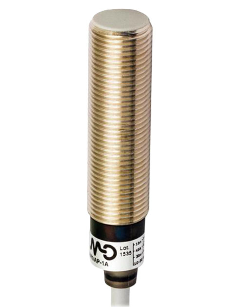 Automation Direct, cylindrical metal sensor with a gold-colored threaded body and a black base for industrial automation.