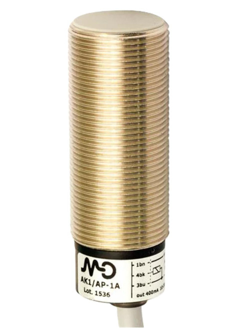 Automation Direct proximity sensor, cylindrical gold-colored industrial sensor with a black base and white label.
