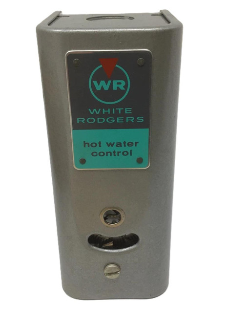 White-Rodgers, hot water control device with a metallic rectangular body and a label indicating it is for hot water control.