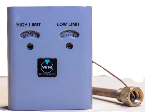 White-Rodgers, HVAC control panel with high and low limit gauges and copper tubing connection.