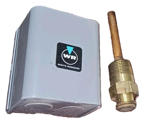 White-Rodgers, an HVAC control component with a gray rectangular casing and a brass sensor probe attached.
