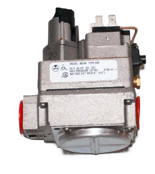 White-Rodgers, HVAC gas control valve with metallic housing and electronic connections.