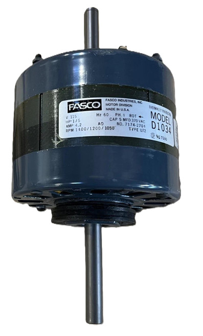 Fasco D1034 motor, blue cylindrical electric motor with dual shafts and a label showing 115 V, 1/5 HP, and 60 Hz.