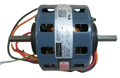 Fasco D104 motor, blue open-frame electric motor with exposed copper windings, wiring leads, and a shaft extending from both ends