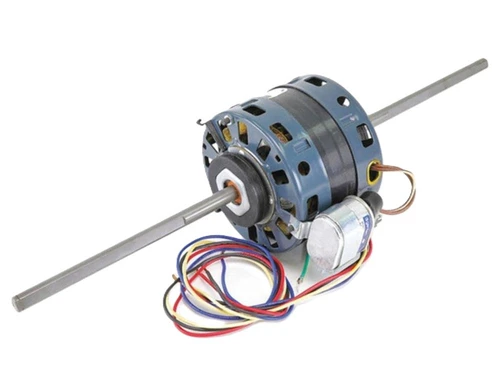 Fasco electric motor, blue and silver HVAC blower motor with dual shaft, attached capacitor, and multicolored wiring