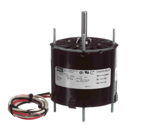 Fasco condenser fan motor, black cylindrical electric motor with mounting studs, a central shaft, and bundled red, black, and white wires.