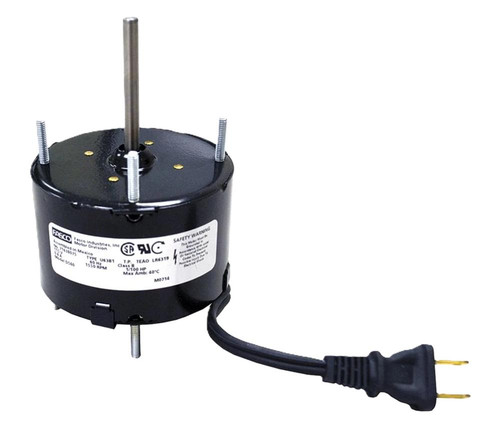 Fasco electric motor, black cylindrical motor with a long metal shaft, mounting studs, and a two-prong power cord