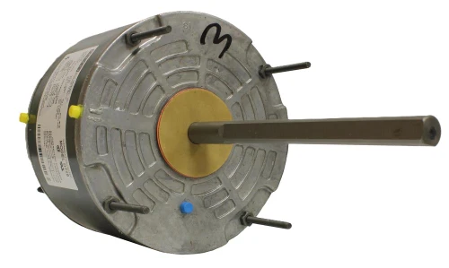Fasco motor, round metal HVAC fan motor with a long central shaft, mounting studs, and manufacturer label