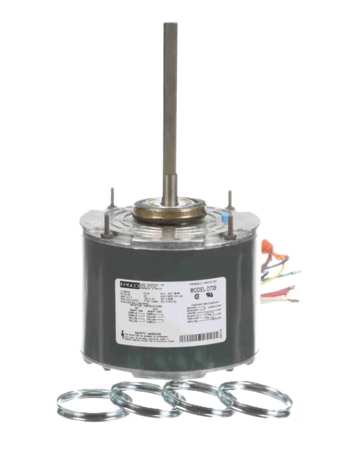 Fasco Model D739 condenser fan motor, dark cylindrical motor with a long shaft, exposed colored wires, and four metal mounting rings on a white background.