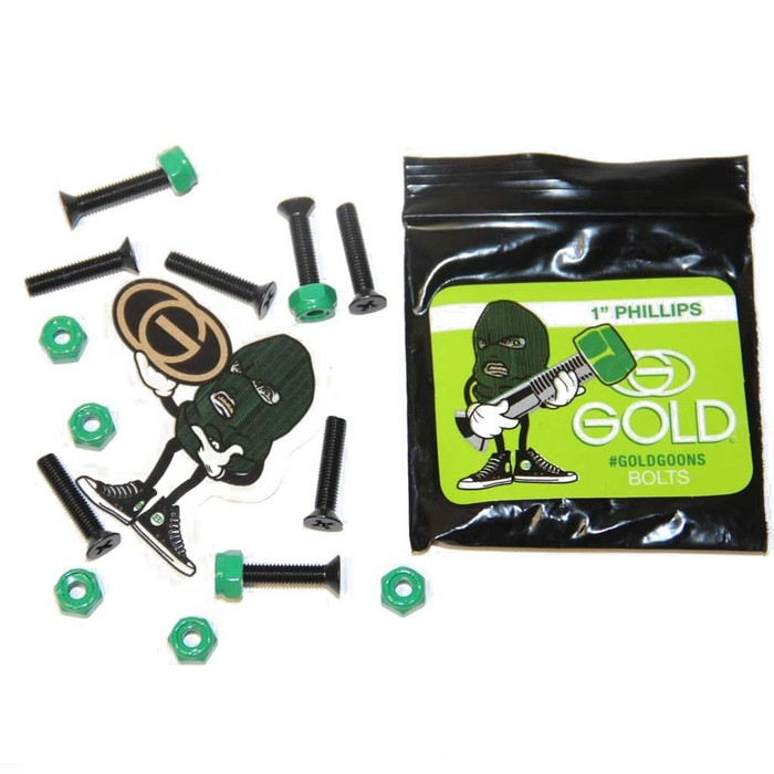 Gold Bolts W/Nuts Phillips Skateboard Mounting Hardware - 1" - Black/Green