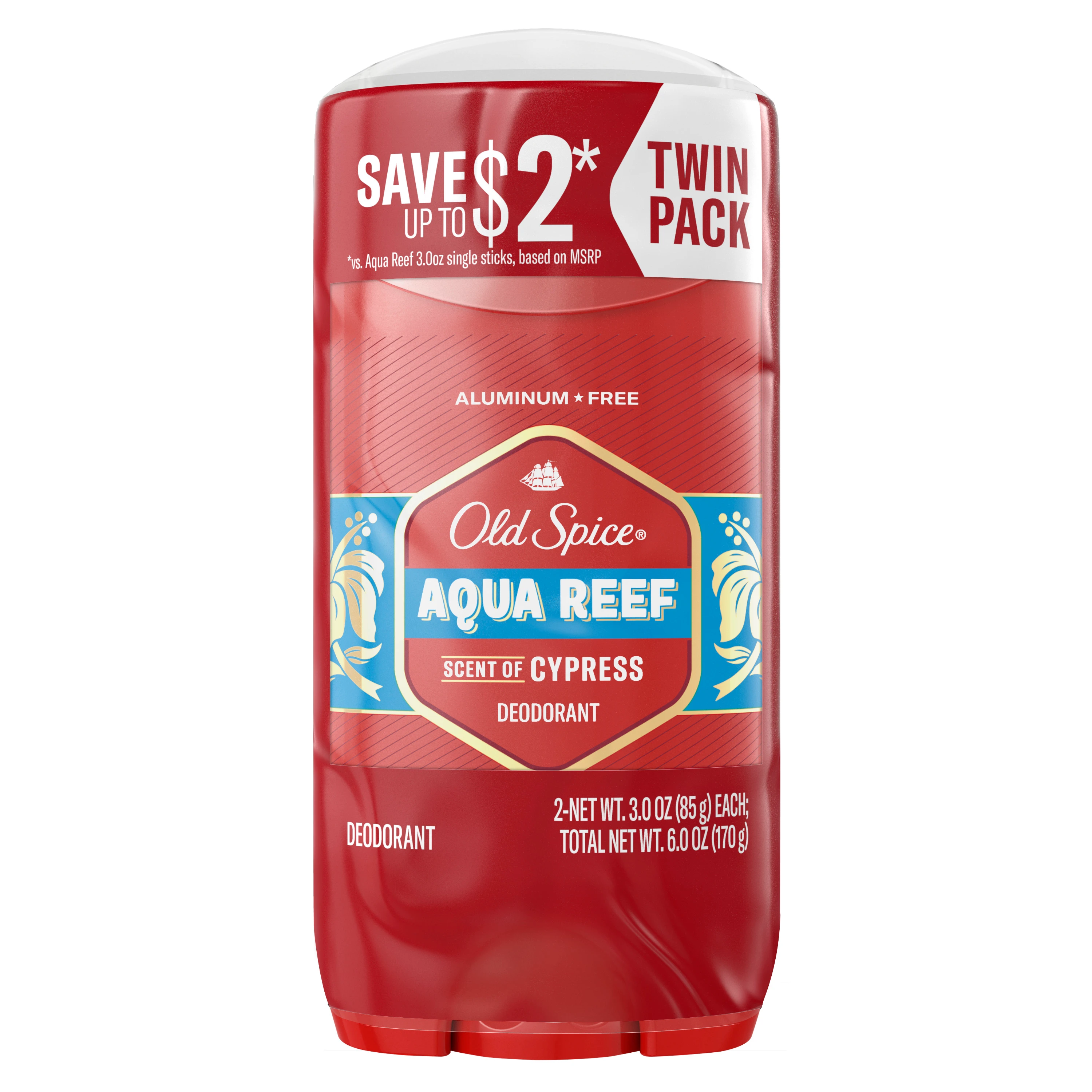 Old Spice Aluminum Free Deodorant for men, Aqua Reef 2x 3 Oz Twin